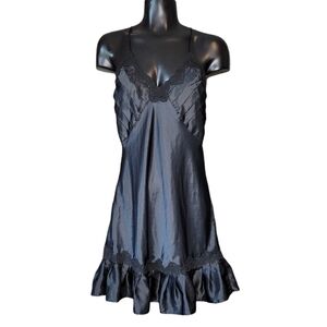 Small Vintage 1980's Victoria's Secret Gold Label Black Slip Dress w/ Lace Trim